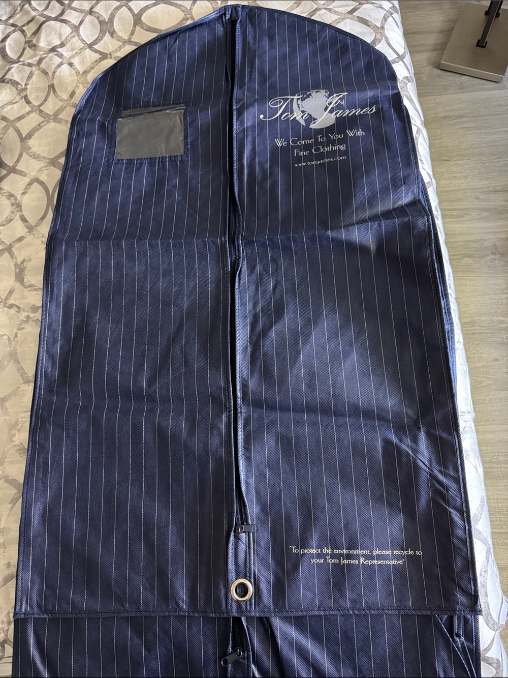 Tom James Navy Pinstripe Garment Bag